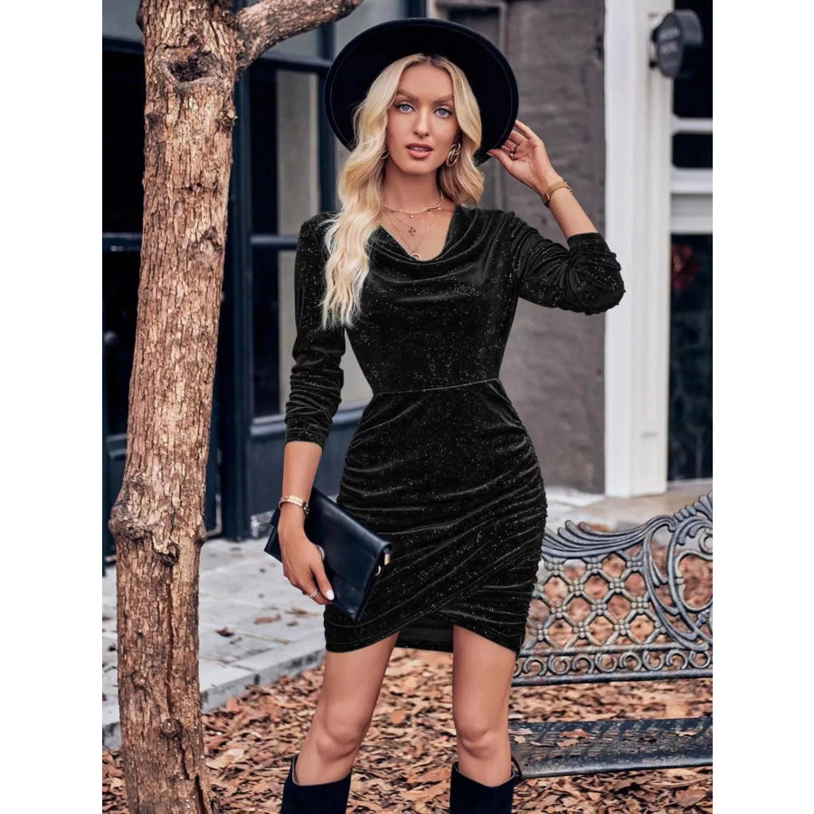 Velvet Cowl Neck Ruched Bodycon Dress Black / S Apparel and Accessories