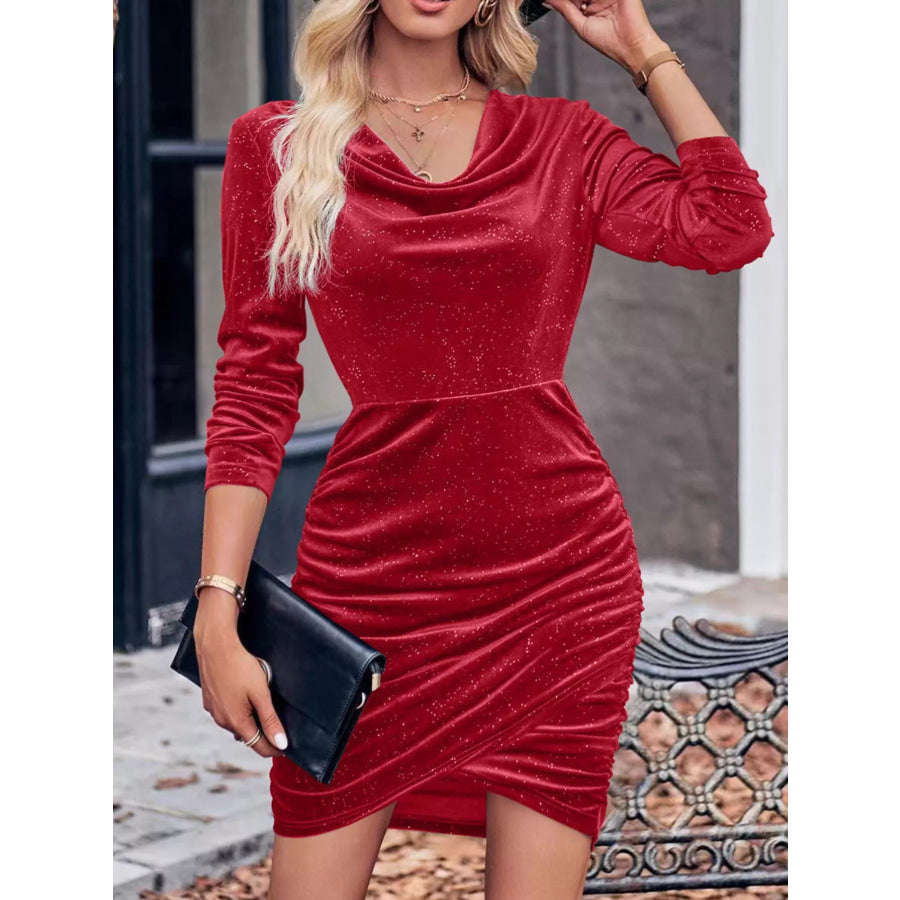 Velvet Cowl Neck Ruched Bodycon Dress Red / S Apparel and Accessories