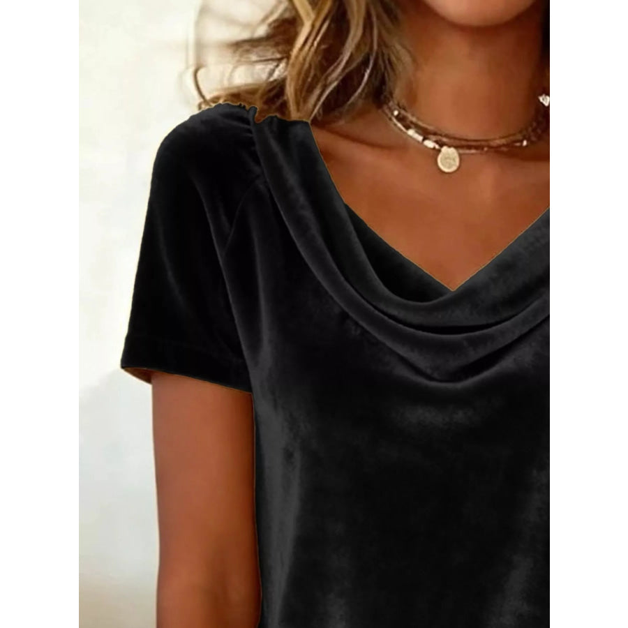 Velvet Cowl Neck Short Sleeve Top Apparel and Accessories
