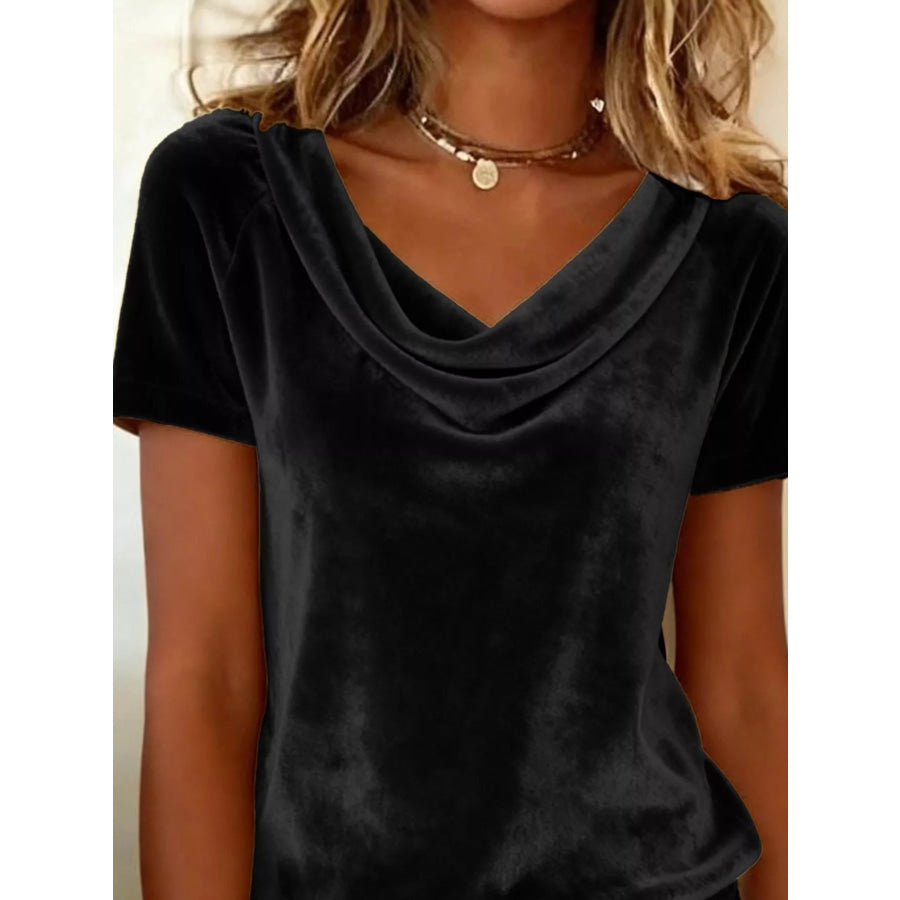 Velvet Cowl Neck Short Sleeve Top Apparel and Accessories