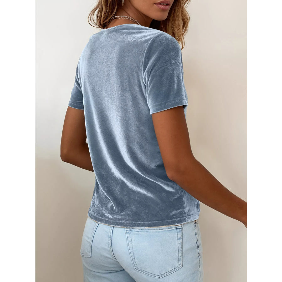 Velvet Cowl Neck Short Sleeve Top Apparel and Accessories
