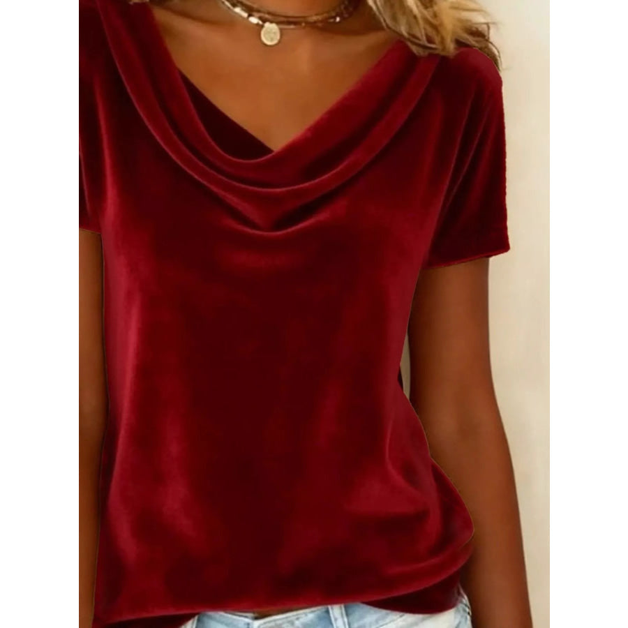 Velvet Cowl Neck Short Sleeve Top Apparel and Accessories