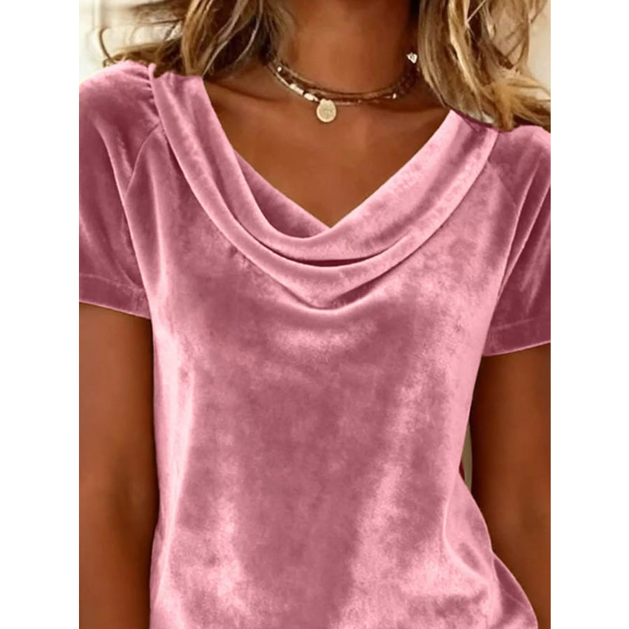 Velvet Cowl Neck Short Sleeve Top Apparel and Accessories