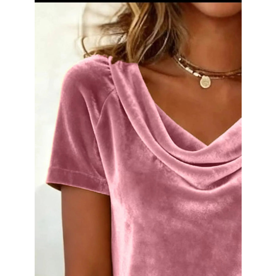Velvet Cowl Neck Short Sleeve Top Apparel and Accessories