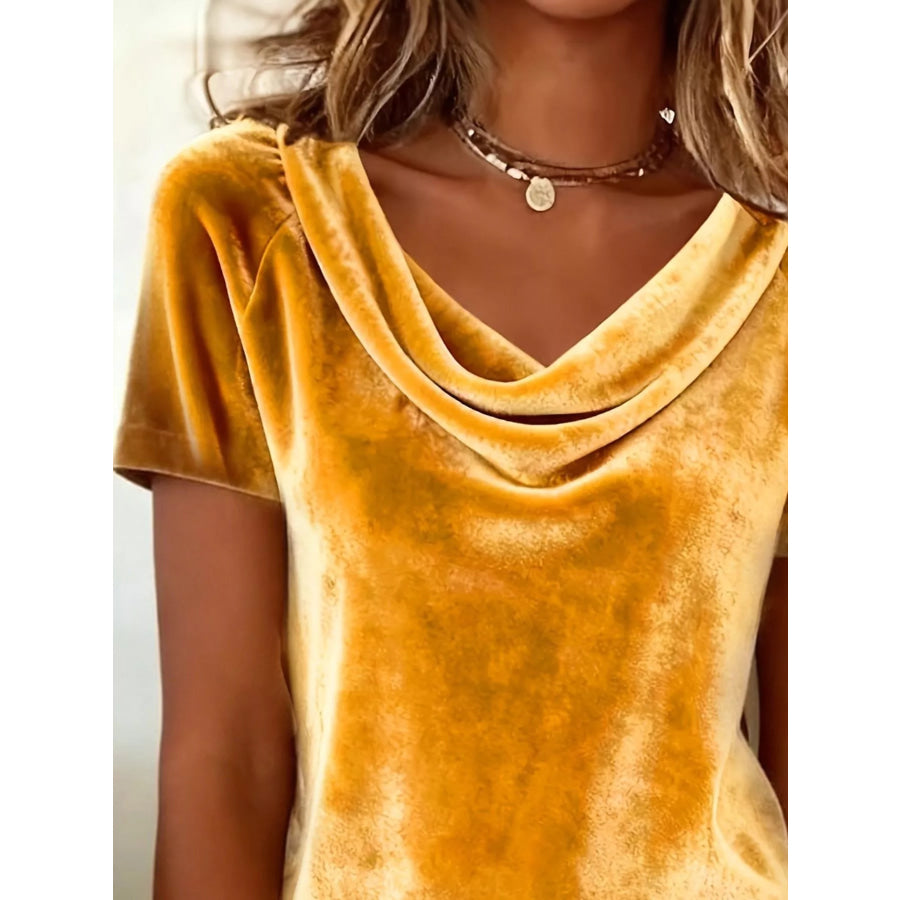 Velvet Cowl Neck Short Sleeve Top Apparel and Accessories