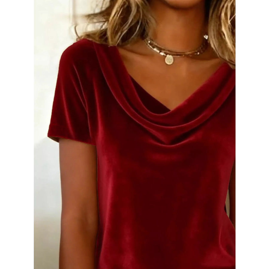 Velvet Cowl Neck Short Sleeve Top Apparel and Accessories