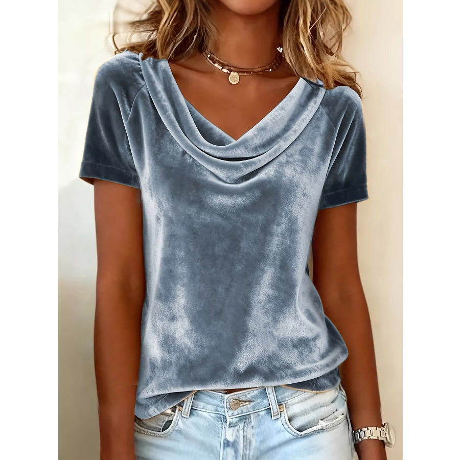 Velvet Cowl Neck Short Sleeve Top Silver / S Apparel and Accessories