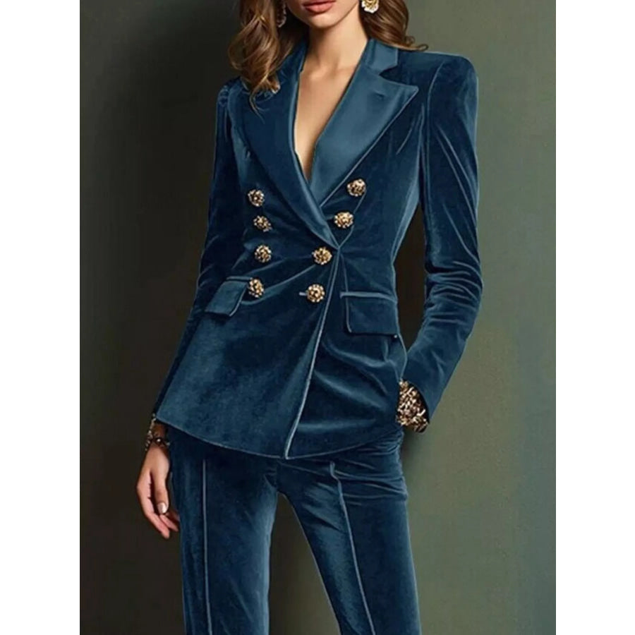 Velvet Double-Breasted Blazer and Flare Pant Set Apparel Accessories