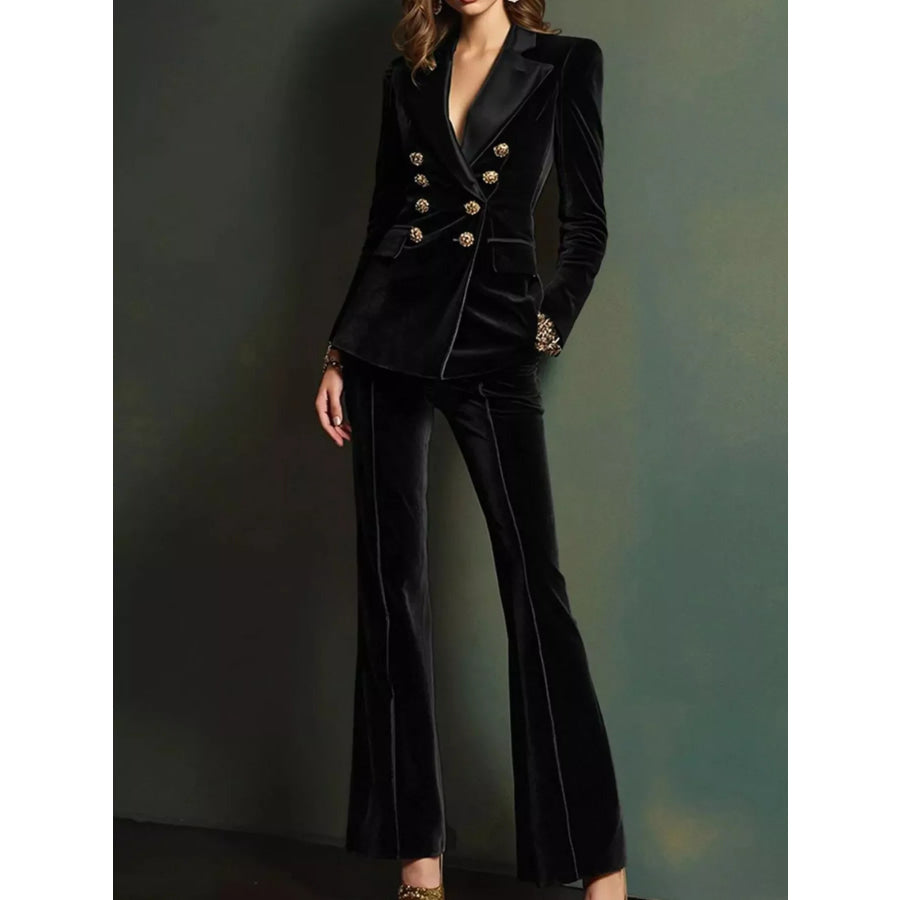 Velvet Double-Breasted Blazer and Flare Pant Set Black / S Apparel Accessories