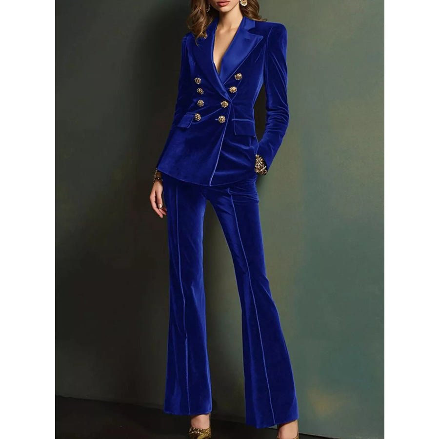 Velvet Double-Breasted Blazer and Flare Pant Set Blue / S Apparel Accessories