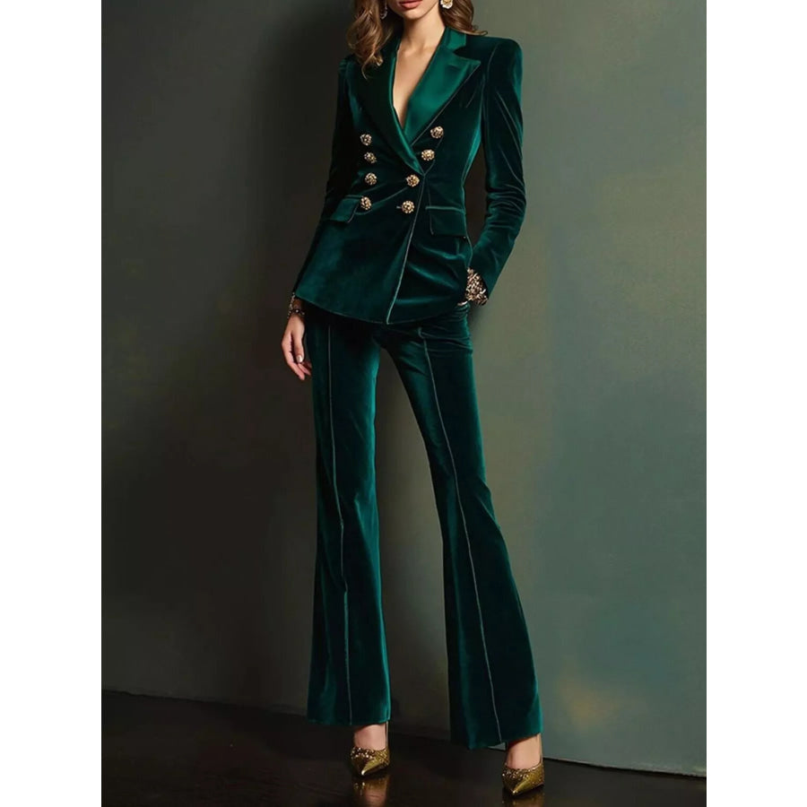 Velvet Double-Breasted Blazer and Flare Pant Set Dark Green / S Apparel Accessories
