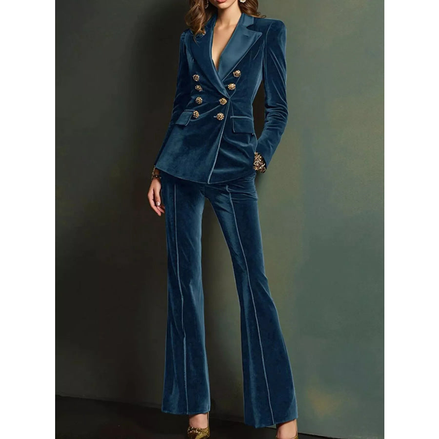 Velvet Double-Breasted Blazer and Flare Pant Set Peacock Blue / S Apparel Accessories