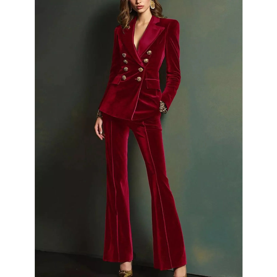 Velvet Double-Breasted Blazer and Flare Pant Set Wine Red / S Apparel Accessories