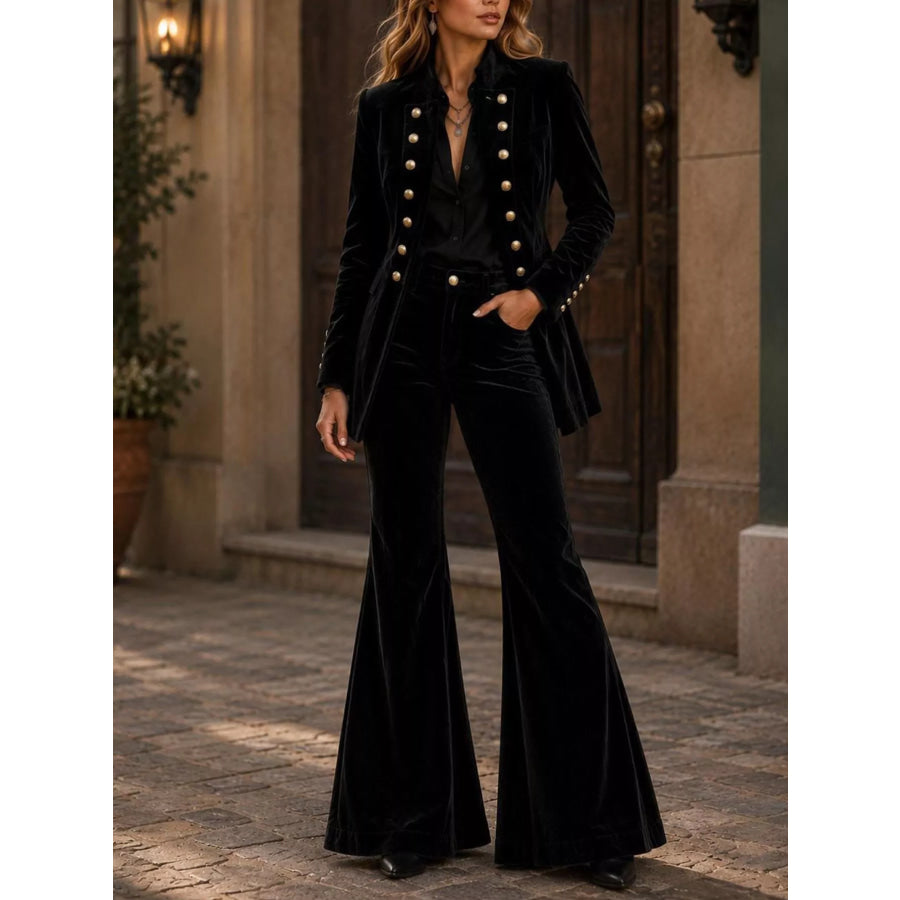 Velvet Double-Breasted Blazer and Flare Pants Set Black / S