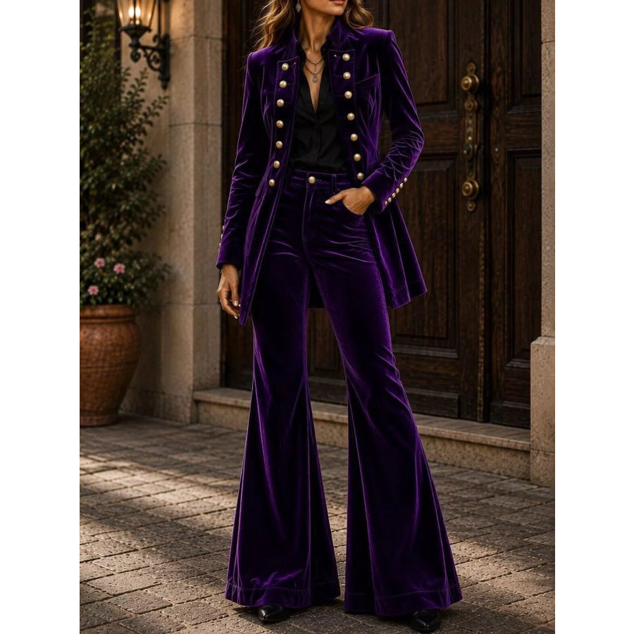 Velvet Double-Breasted Blazer and Flare Pants Set Purple / S