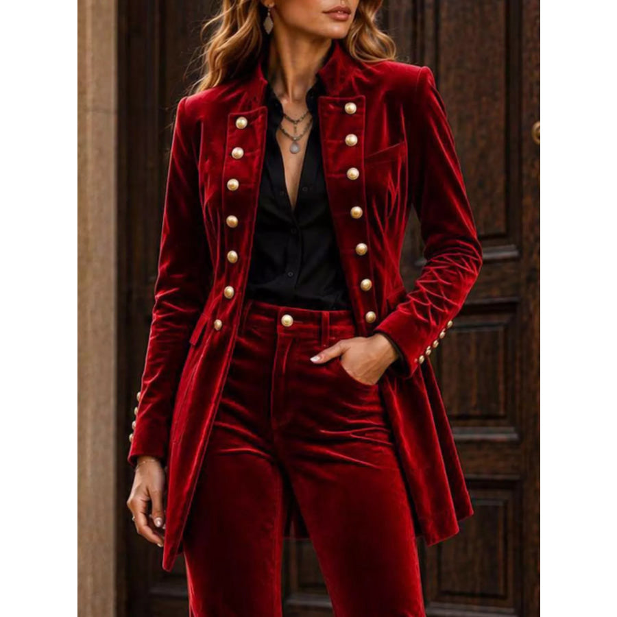 Velvet Double-Breasted Blazer and Flare Pants Set