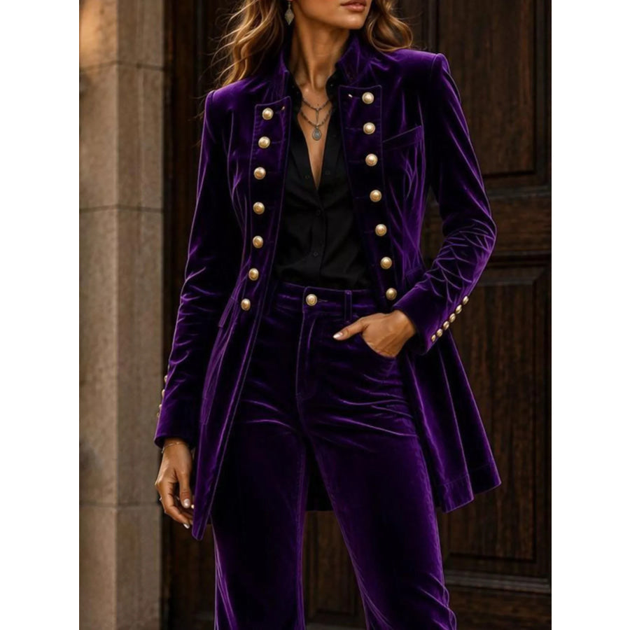 Velvet Double-Breasted Blazer and Flare Pants Set