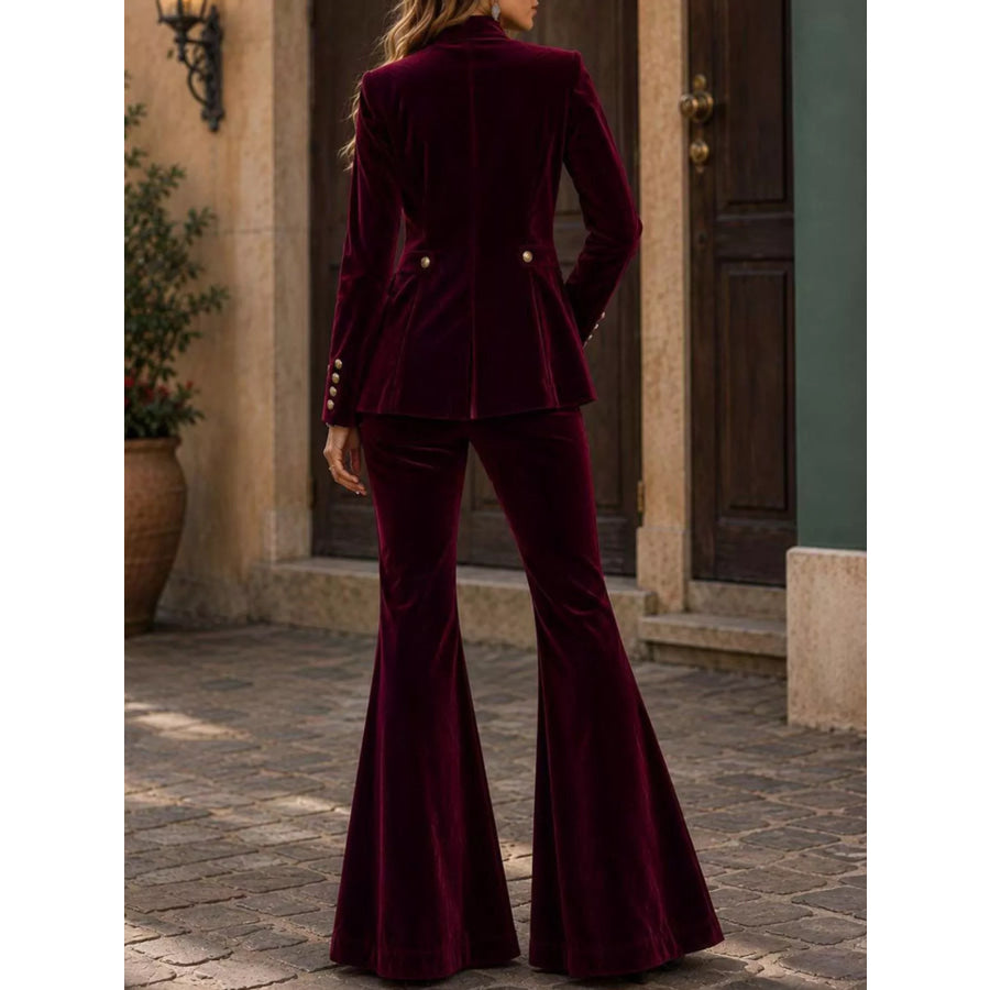 Velvet Double-Breasted Blazer and Flare Pants Set