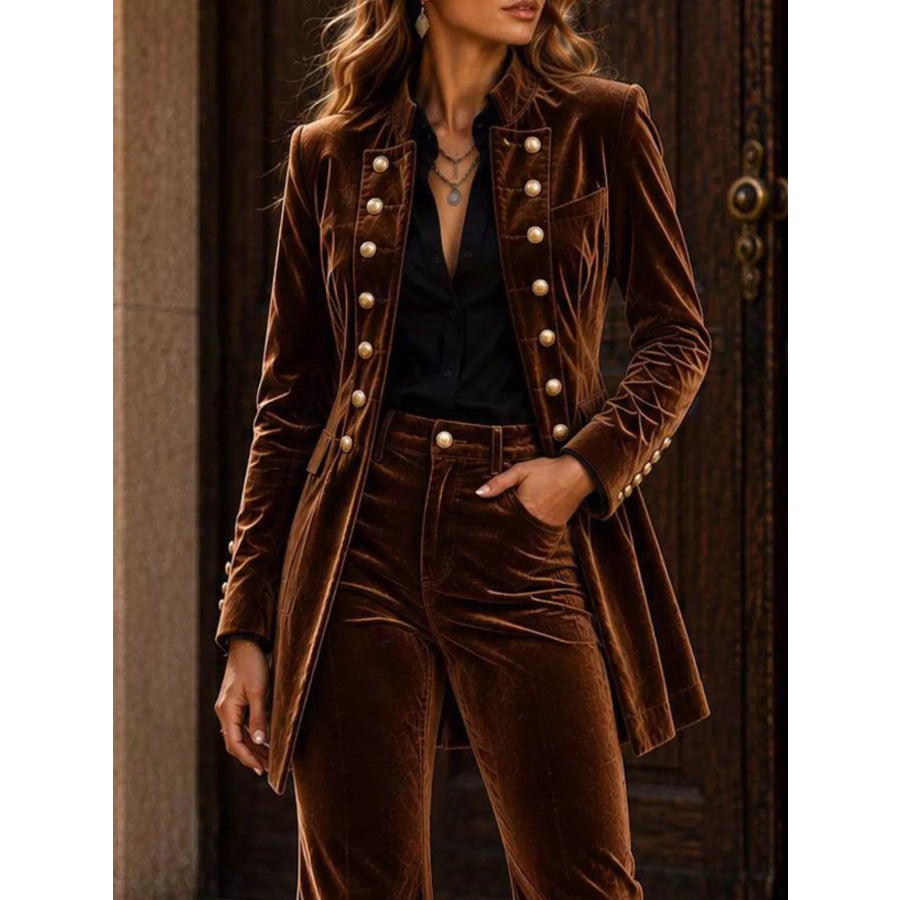 Velvet Double-Breasted Blazer and Flare Pants Set