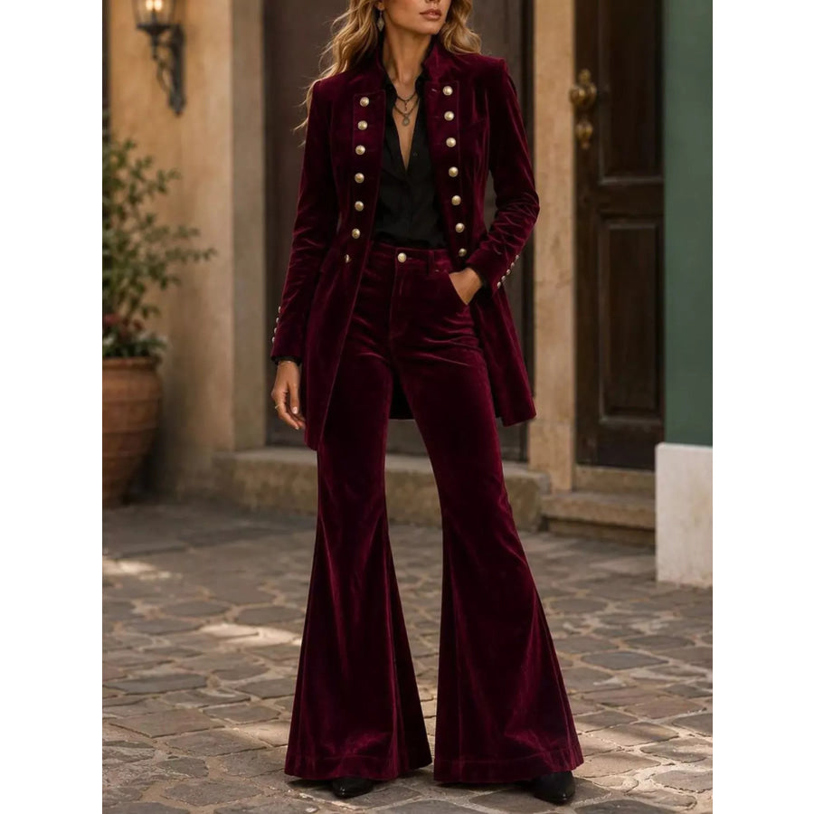 Velvet Double-Breasted Blazer and Flare Pants Set Wine Red / S
