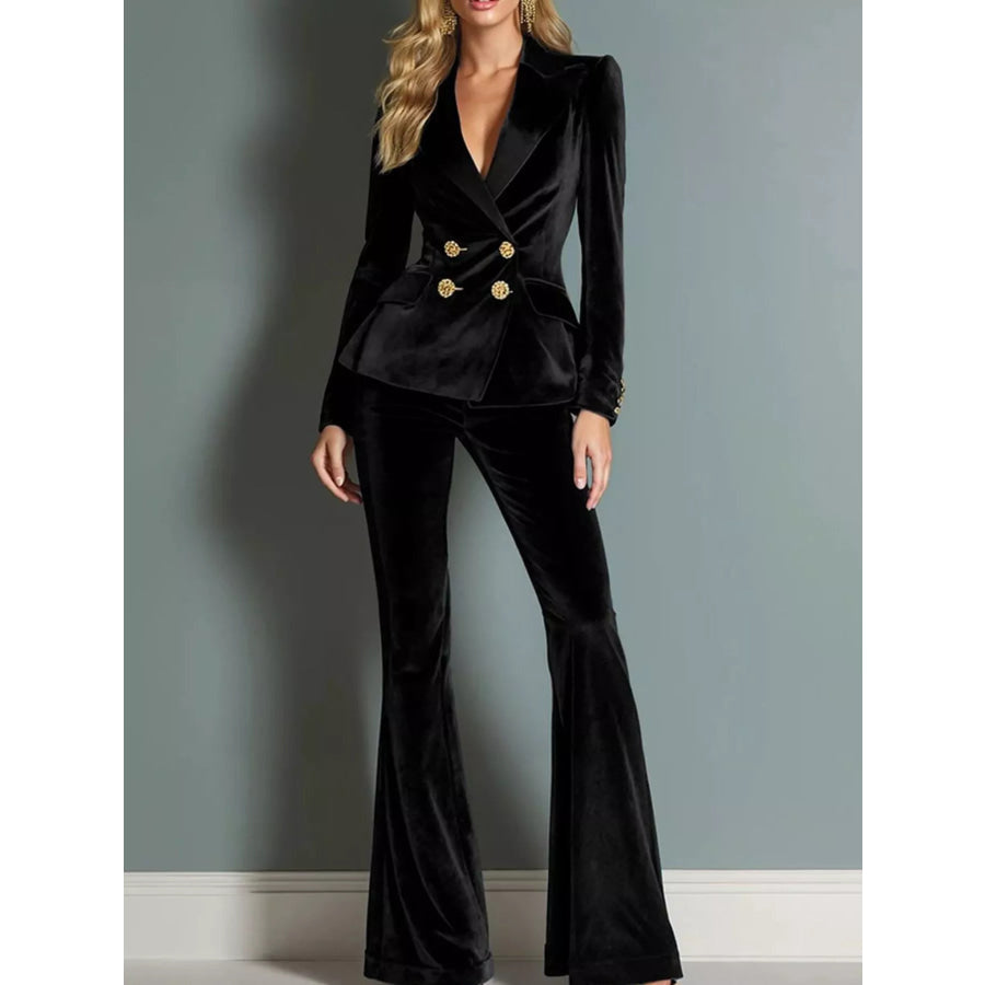 Velvet Double-Breasted Blazer and Flared Pants Set Black / S