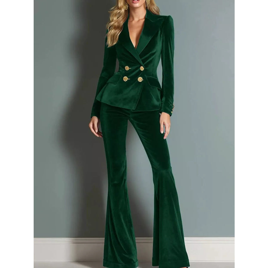 Velvet Double-Breasted Blazer and Flared Pants Set Dark Green / S