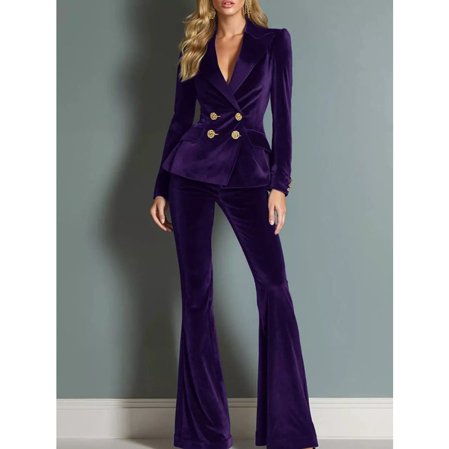 Velvet Double-Breasted Blazer and Flared Pants Set Deep Purple / S