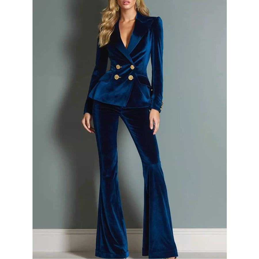 Velvet Double-Breasted Blazer and Flared Pants Set Navy Blue / S