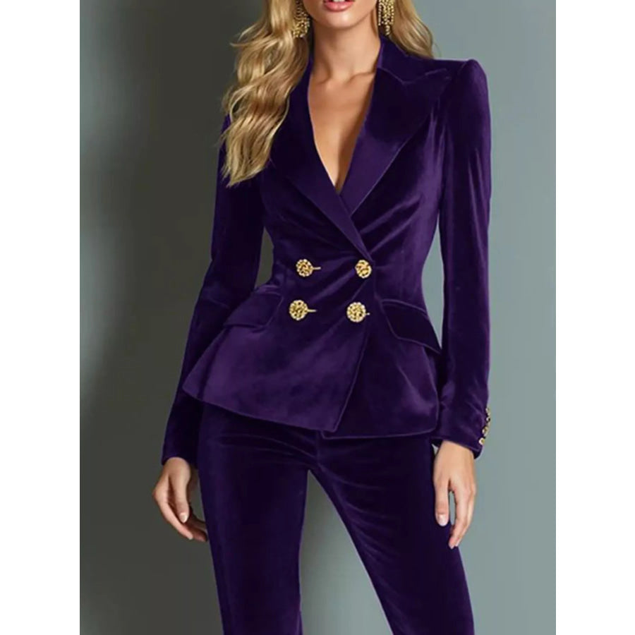 Velvet Double-Breasted Blazer and Flared Pants Set