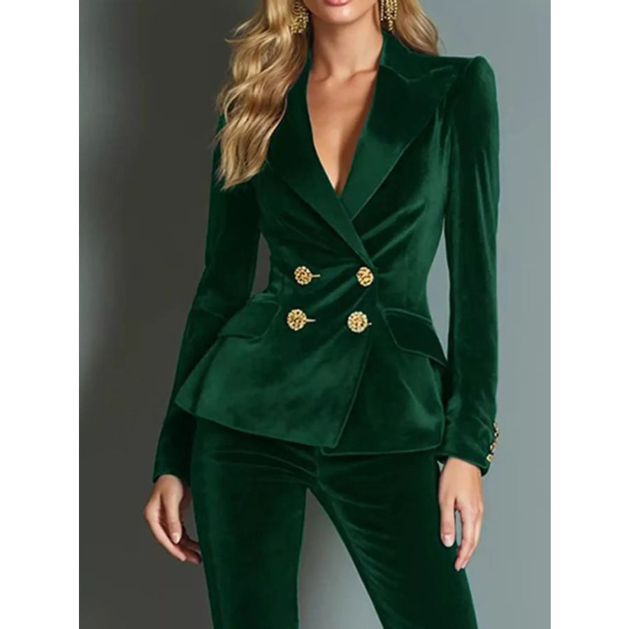 Velvet Double-Breasted Blazer and Flared Pants Set