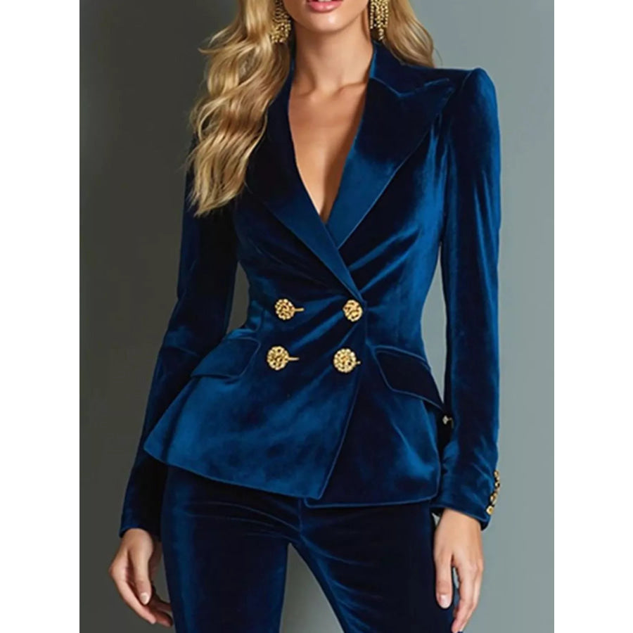 Velvet Double-Breasted Blazer and Flared Pants Set