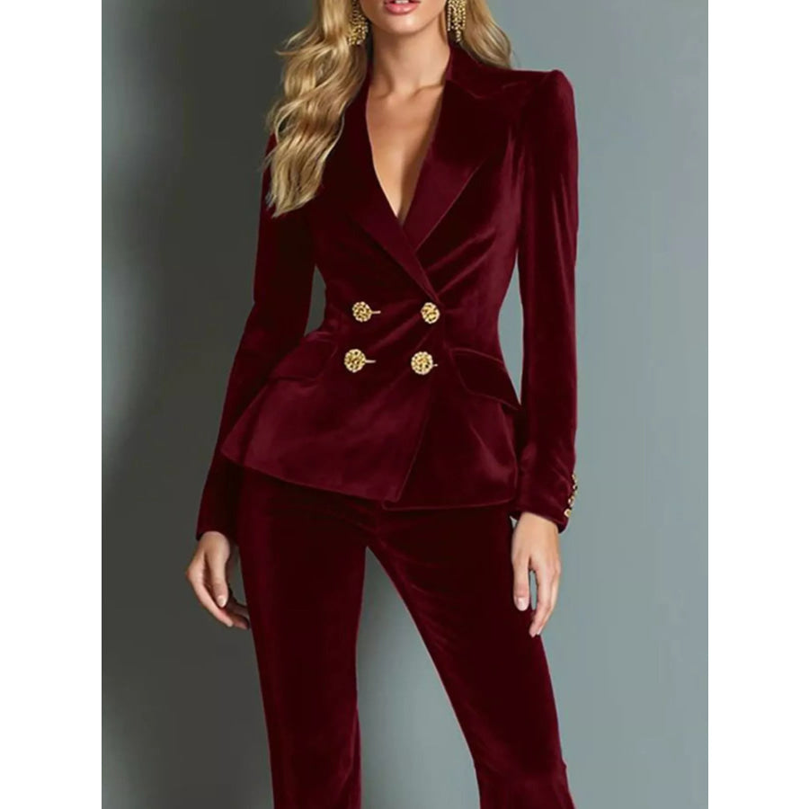 Velvet Double-Breasted Blazer and Flared Pants Set