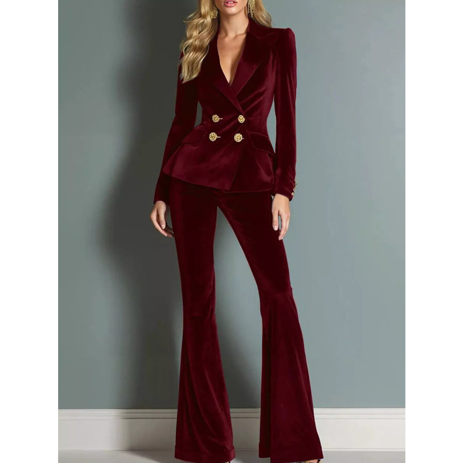 Velvet Double-Breasted Blazer and Flared Pants Set Wine Red / S