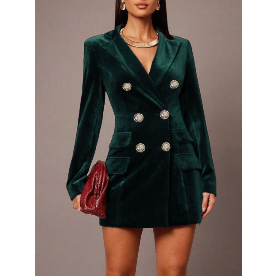 Velvet Double-Breasted Blazer Dress Dark Green / S Apparel and Accessories