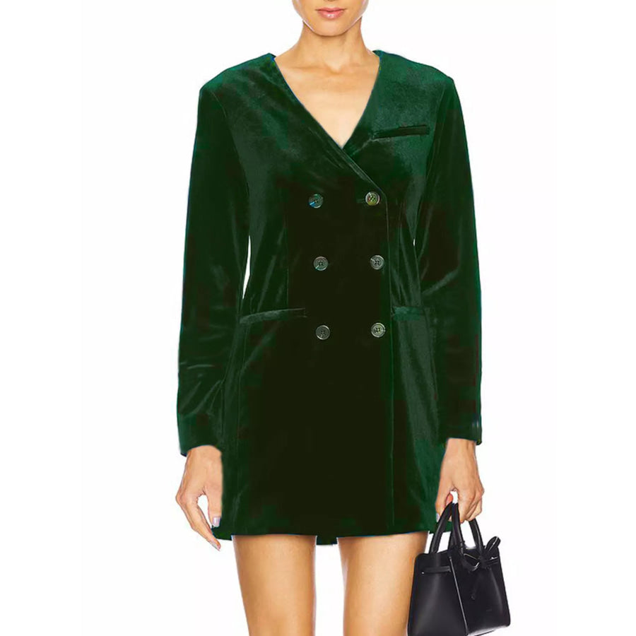 Velvet Double-Breasted Blazer Dress Dark Green / S