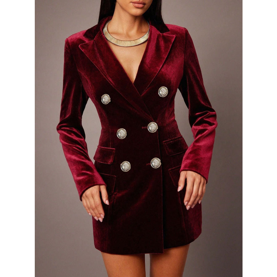Velvet Double-Breasted Blazer Dress Wine Red / S Apparel and Accessories