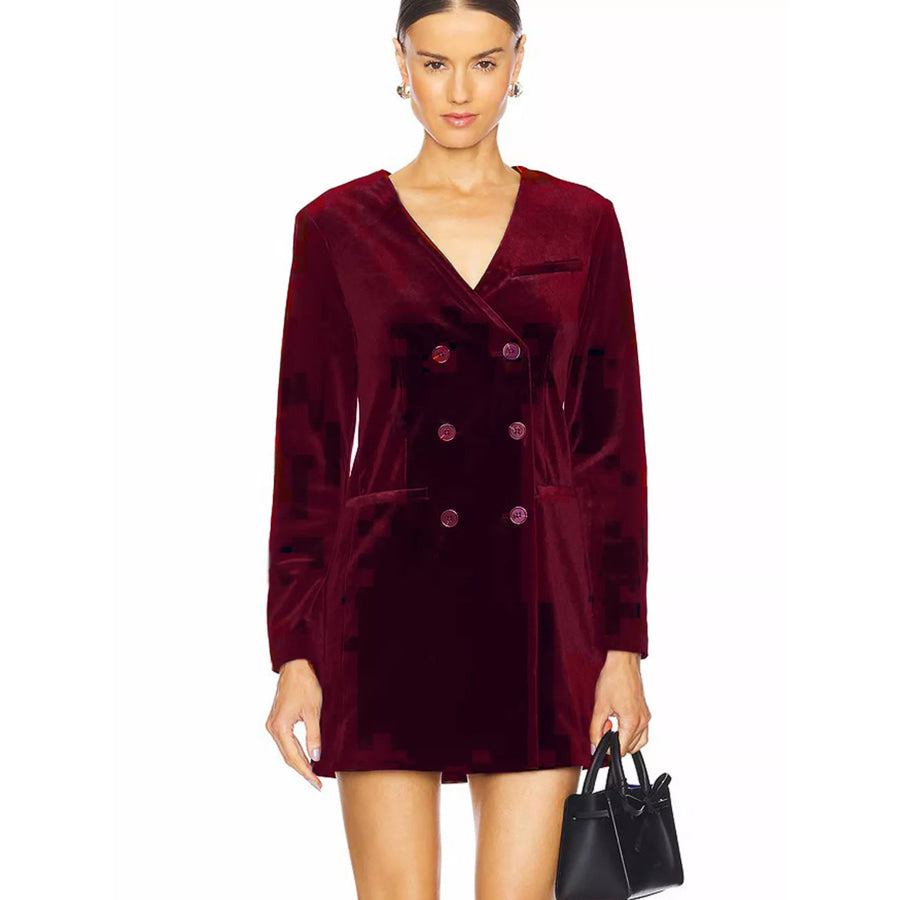 Velvet Double-Breasted Blazer Dress Wine Red / S