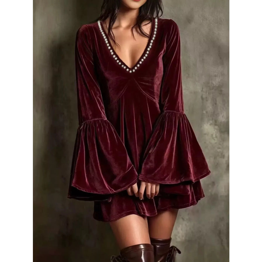 Velvet Flare Sleeve Mini Dress Apparel and Accessories