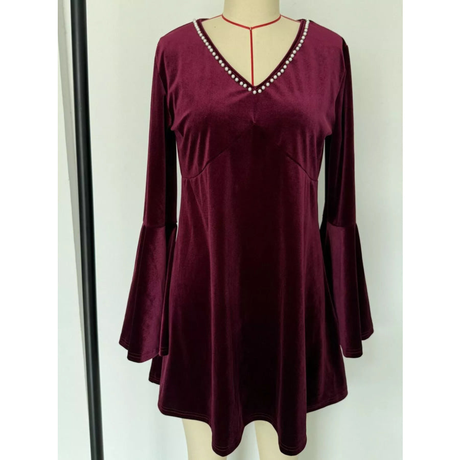 Velvet Flare Sleeve Mini Dress Burgundy / S Apparel and Accessories