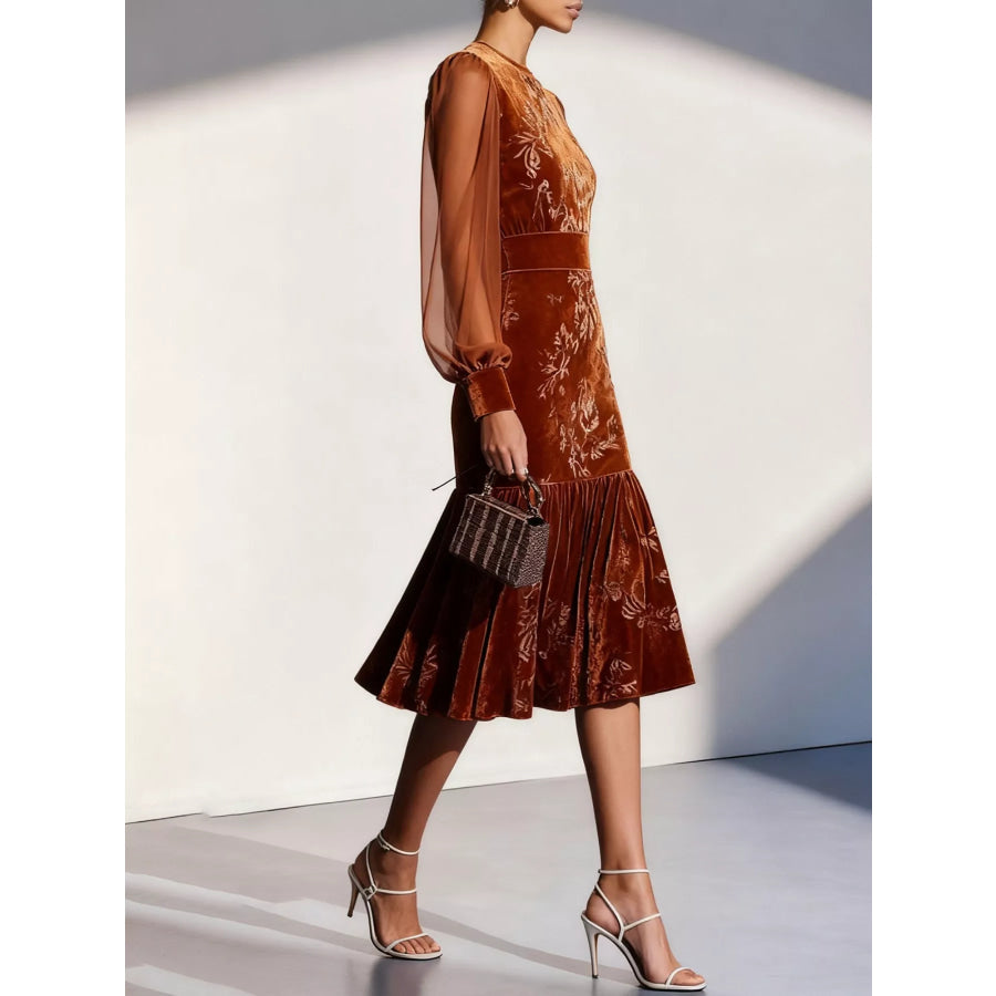 Velvet Floral Lantern Sleeve Midi Dress Apparel and Accessories