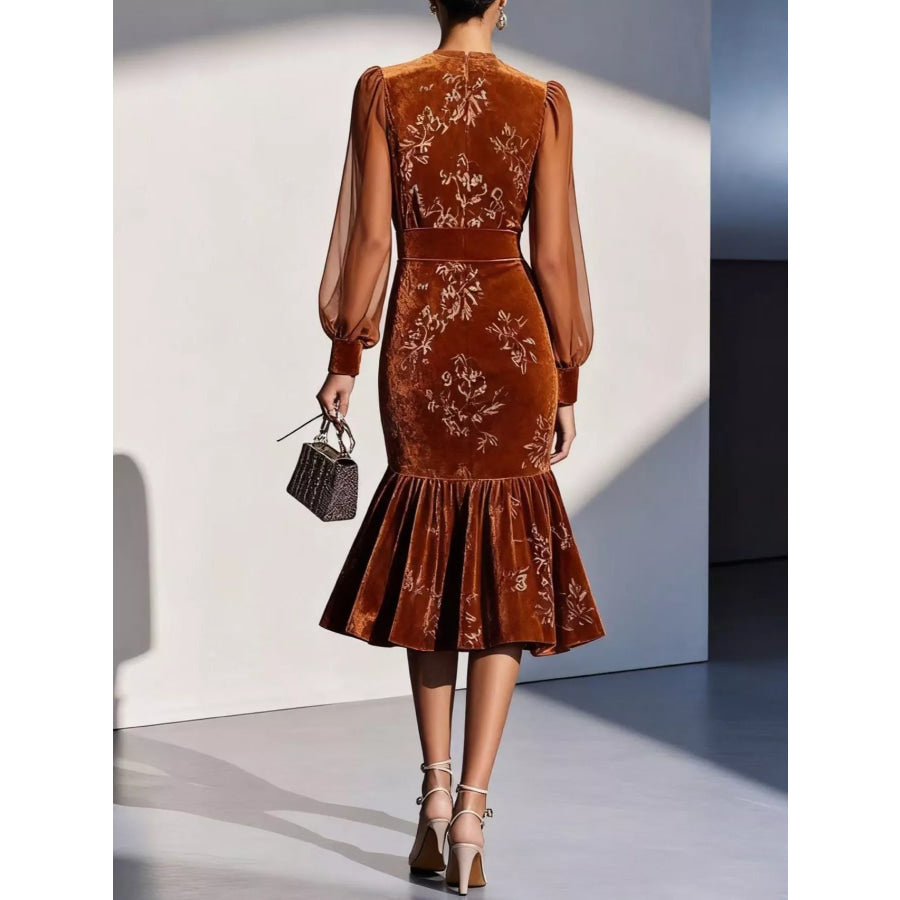 Velvet Floral Lantern Sleeve Midi Dress Apparel and Accessories