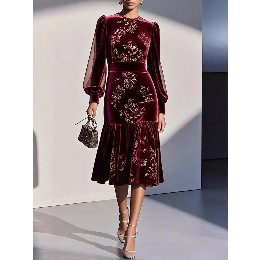 Velvet Floral Lantern Sleeve Midi Dress Green / S Apparel and Accessories