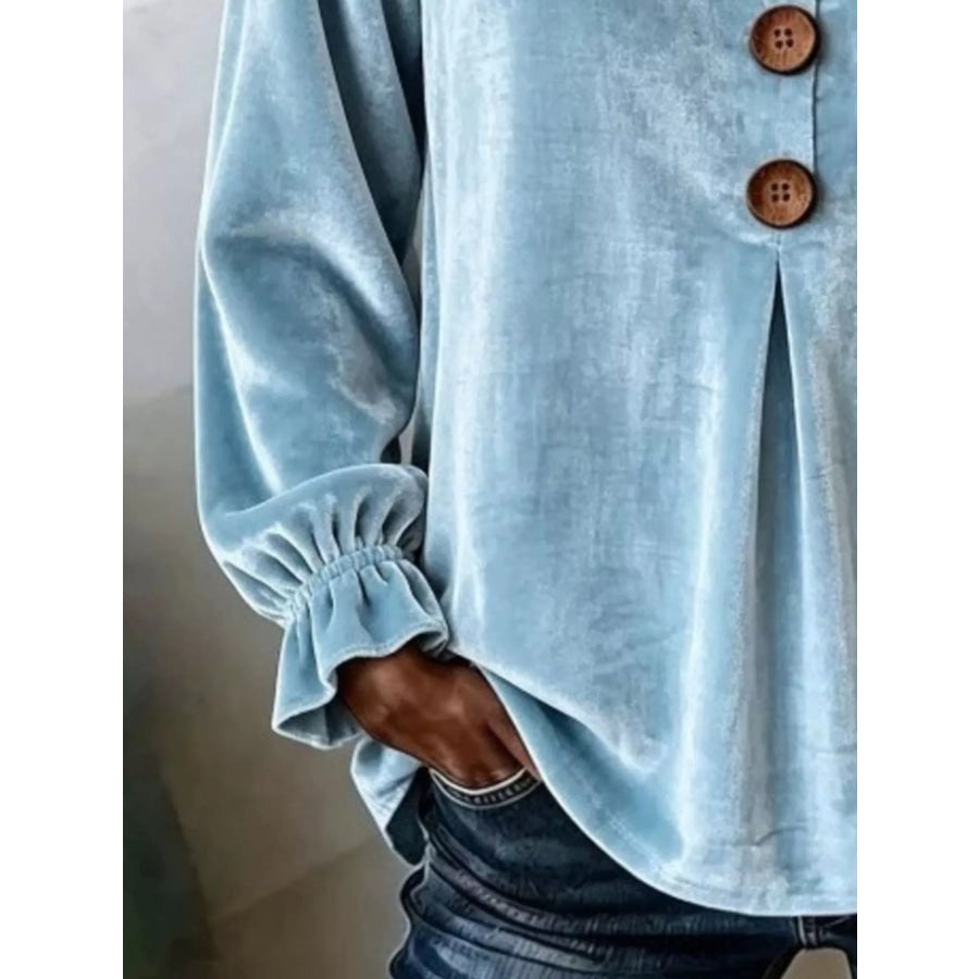 Velvet Flounce Sleeve Blouse Sky Blue / S Apparel and Accessories