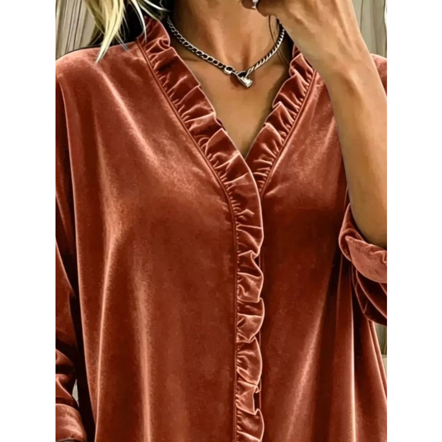 Velvet Frill V-Neck Blouse Apparel and Accessories