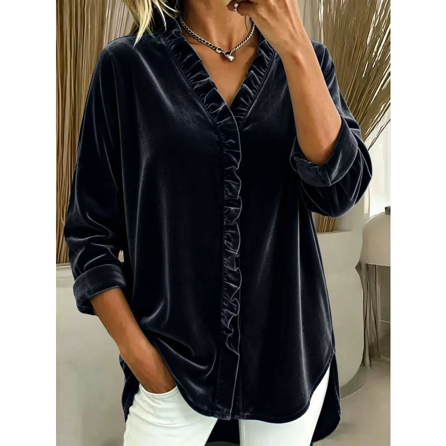 Velvet Frill V-Neck Blouse Black / S Apparel and Accessories