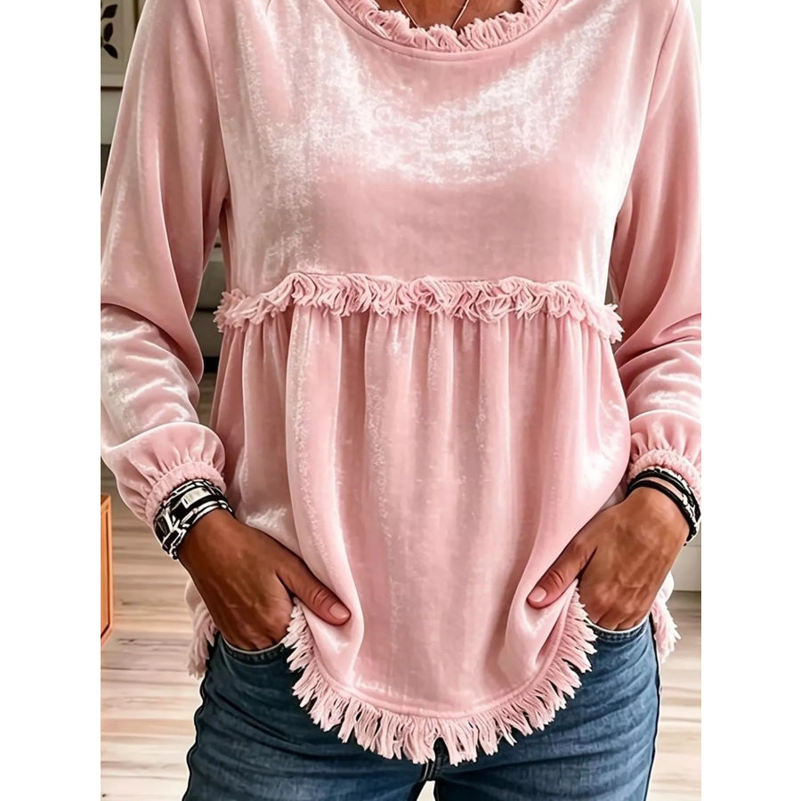 Velvet Fringe Long Sleeve Blouse Apparel and Accessories