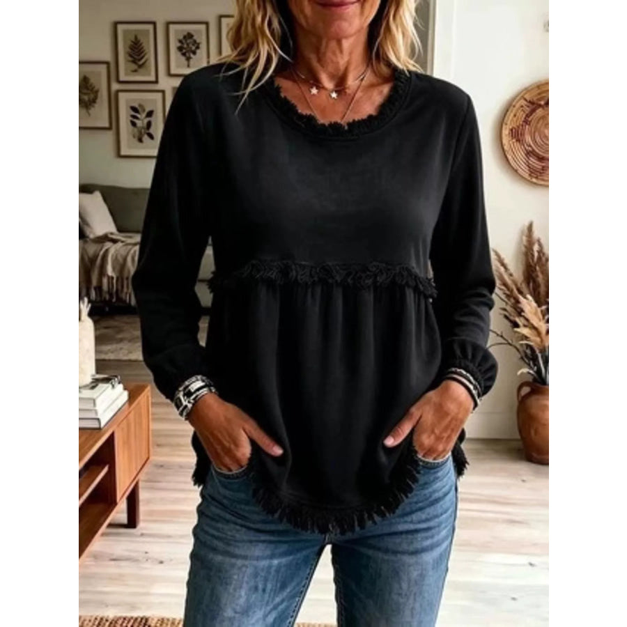 Velvet Fringe Long Sleeve Blouse Black / S Apparel and Accessories