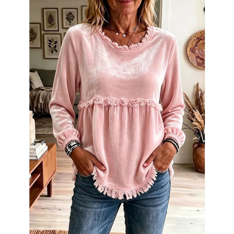 Velvet Fringe Long Sleeve Blouse Dusty Pink / S Apparel and Accessories