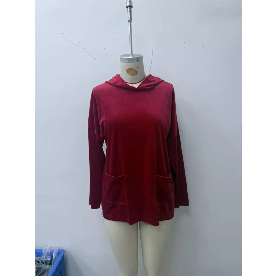 Velvet Front Pockets Hoodie Burgundy / S Apparel and Accessories