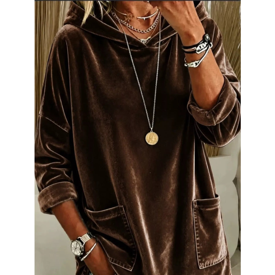 Velvet Front Pockets Hoodie Coffee Brown / S Apparel and Accessories